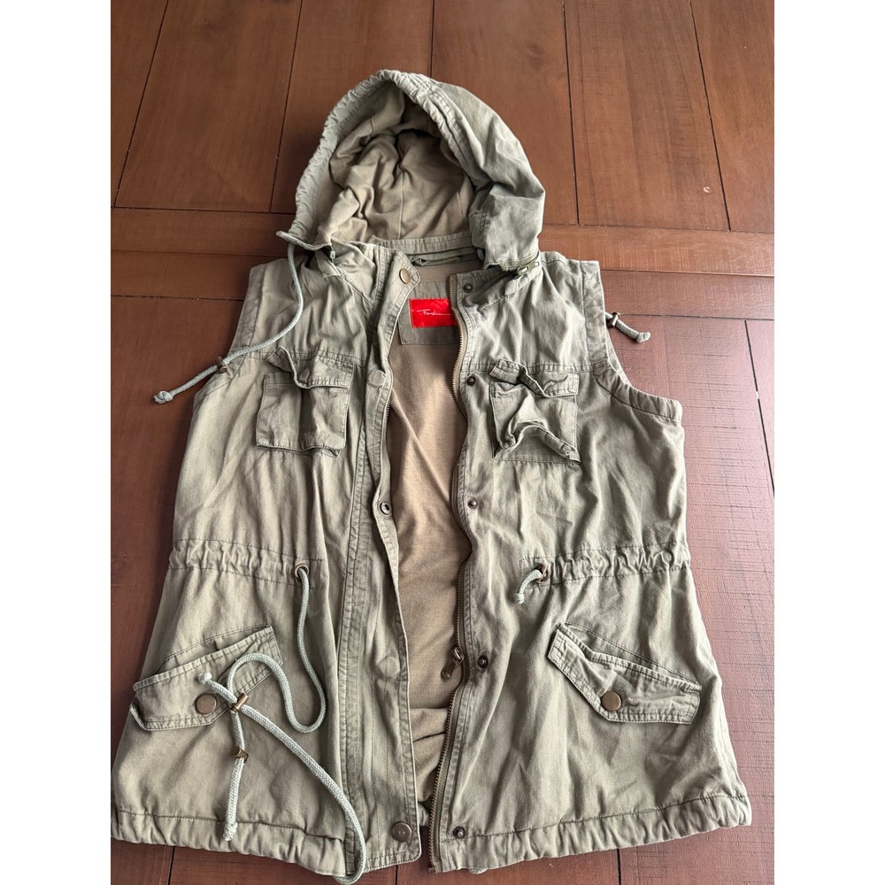 Womens Olive Green Utility Cargo Hooded Vest Large - Picture 2 of 5